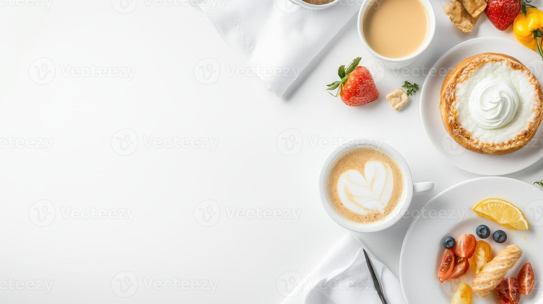 Breakfast with coffee and fruit on white table photo