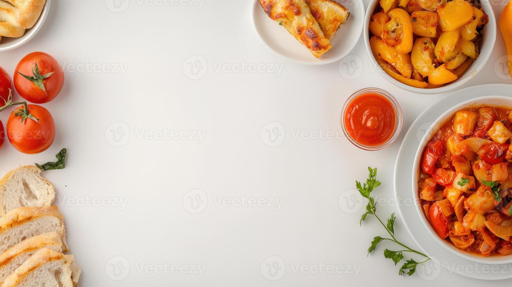 A variety of food is arranged on a white table photo