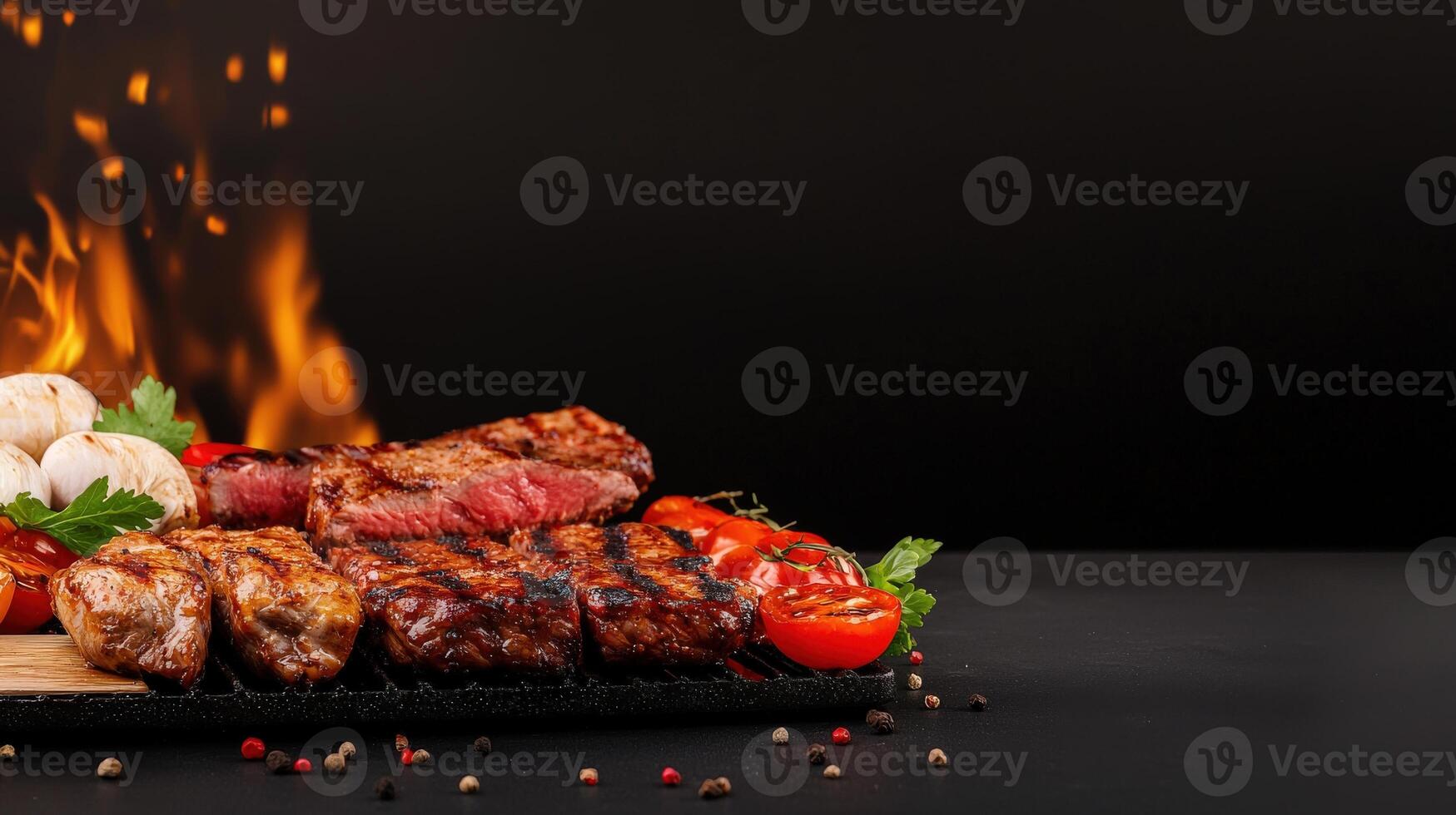 Grilled meat and vegetables on a grill with flames photo