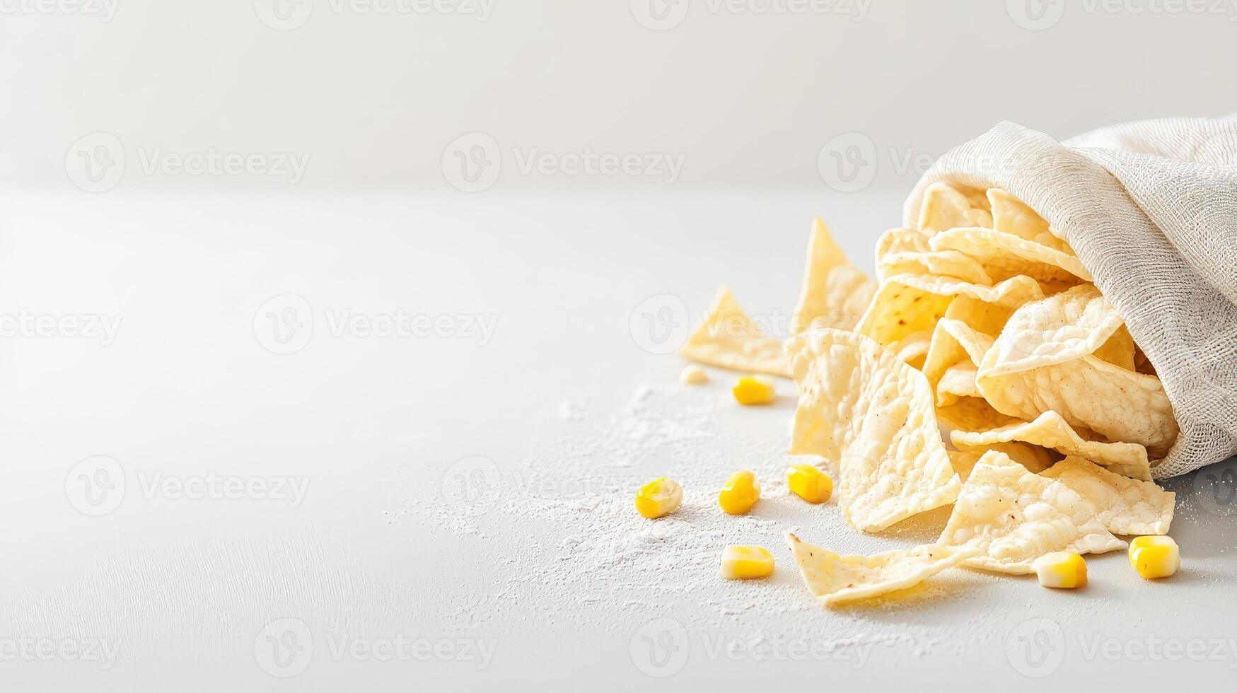 Corn chips and corn kernels in a bag on a white background photo