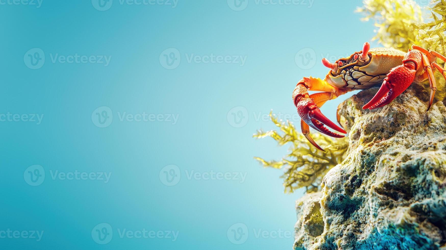 A crab on top of a rock with seaweed photo