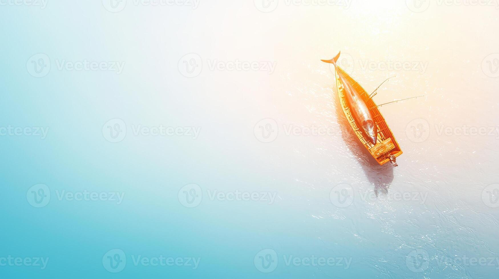 An orange boat floating in the ocean photo
