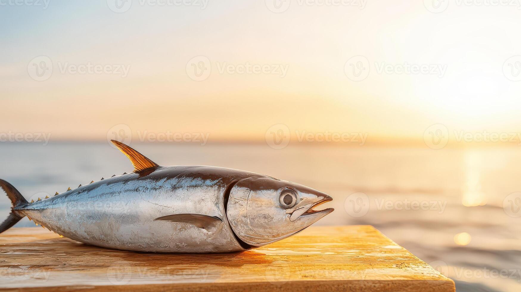 A tuna fish sitting on a wooden table in front of the ocean photo
