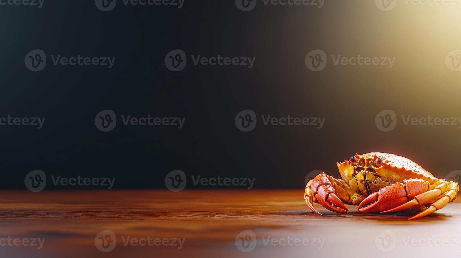 A crab sitting on a wooden table with a bright light photo