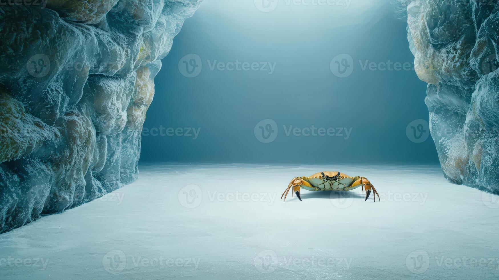 A crab is standing in a cave with light coming from the top photo