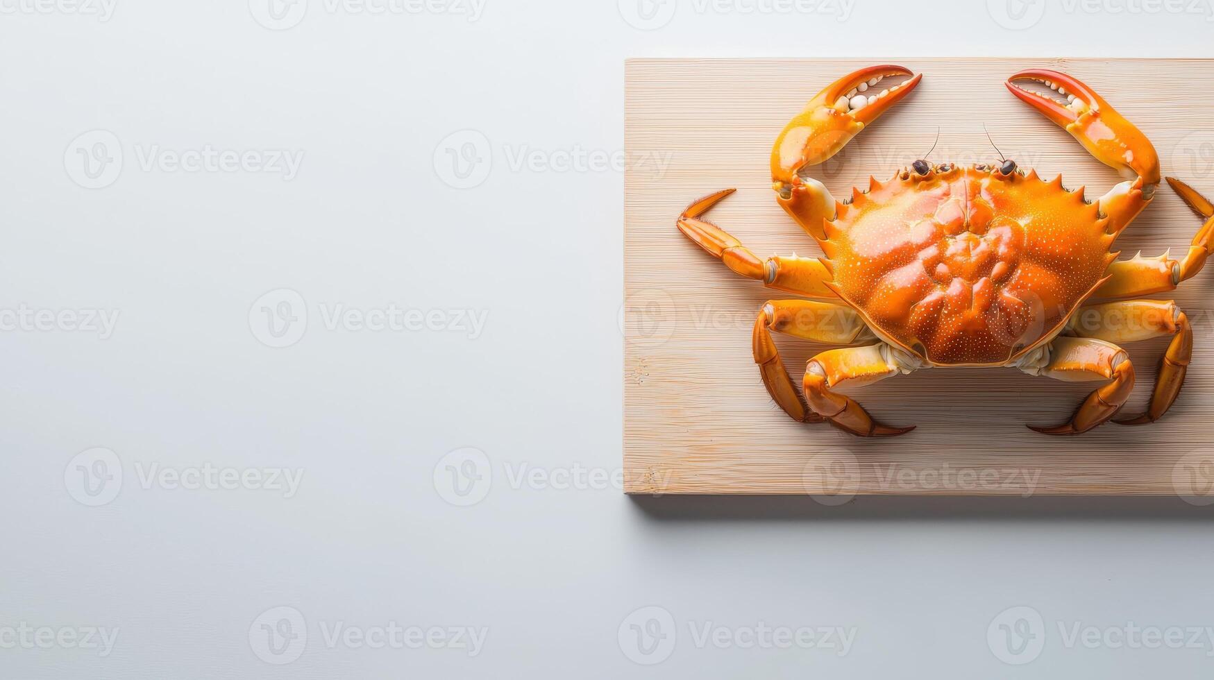A crab is sitting on a wooden cutting board photo
