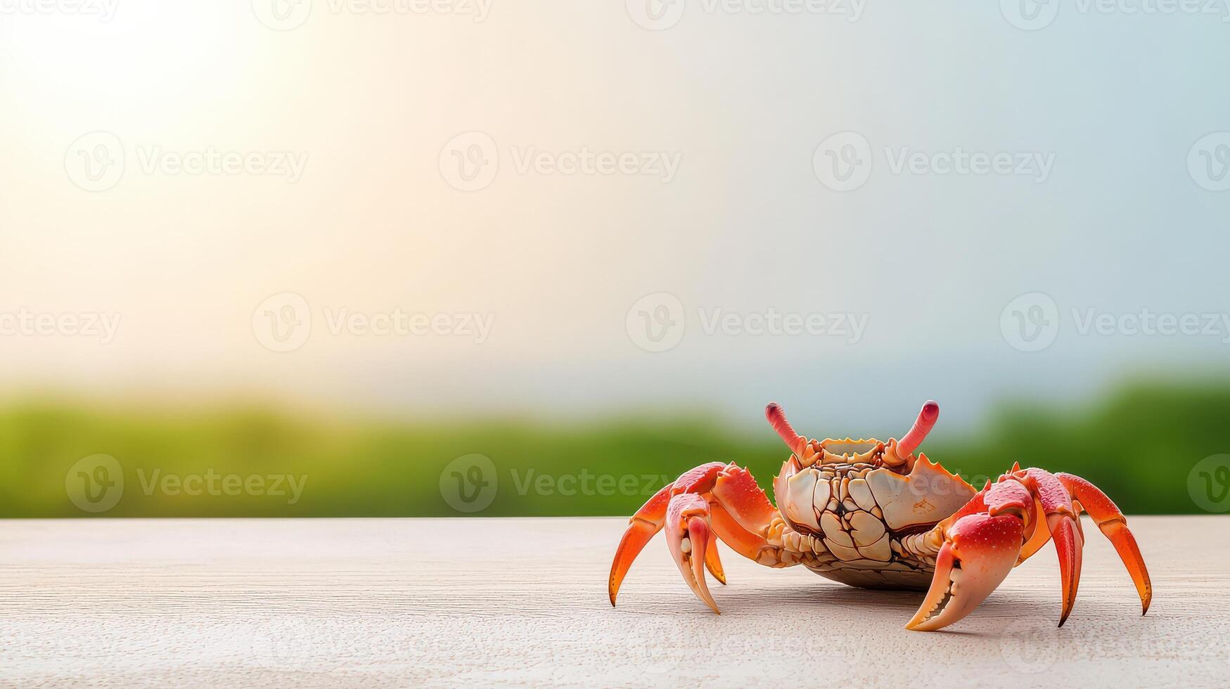 A crab on a wooden table with a blurry background photo