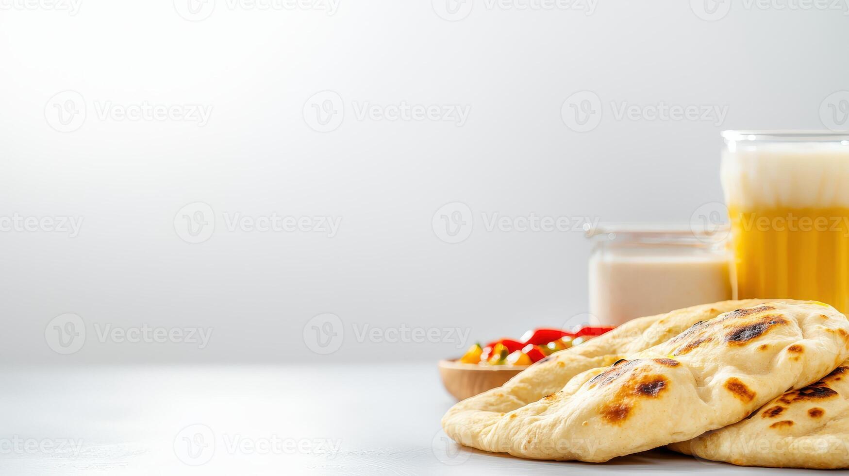 Indian food with naan bread and juice on white background photo