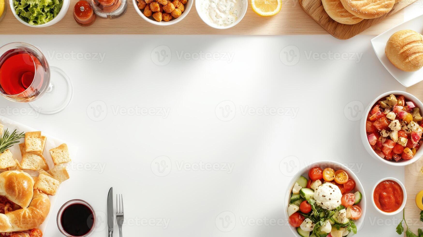 A table with various foods and drinks on it photo