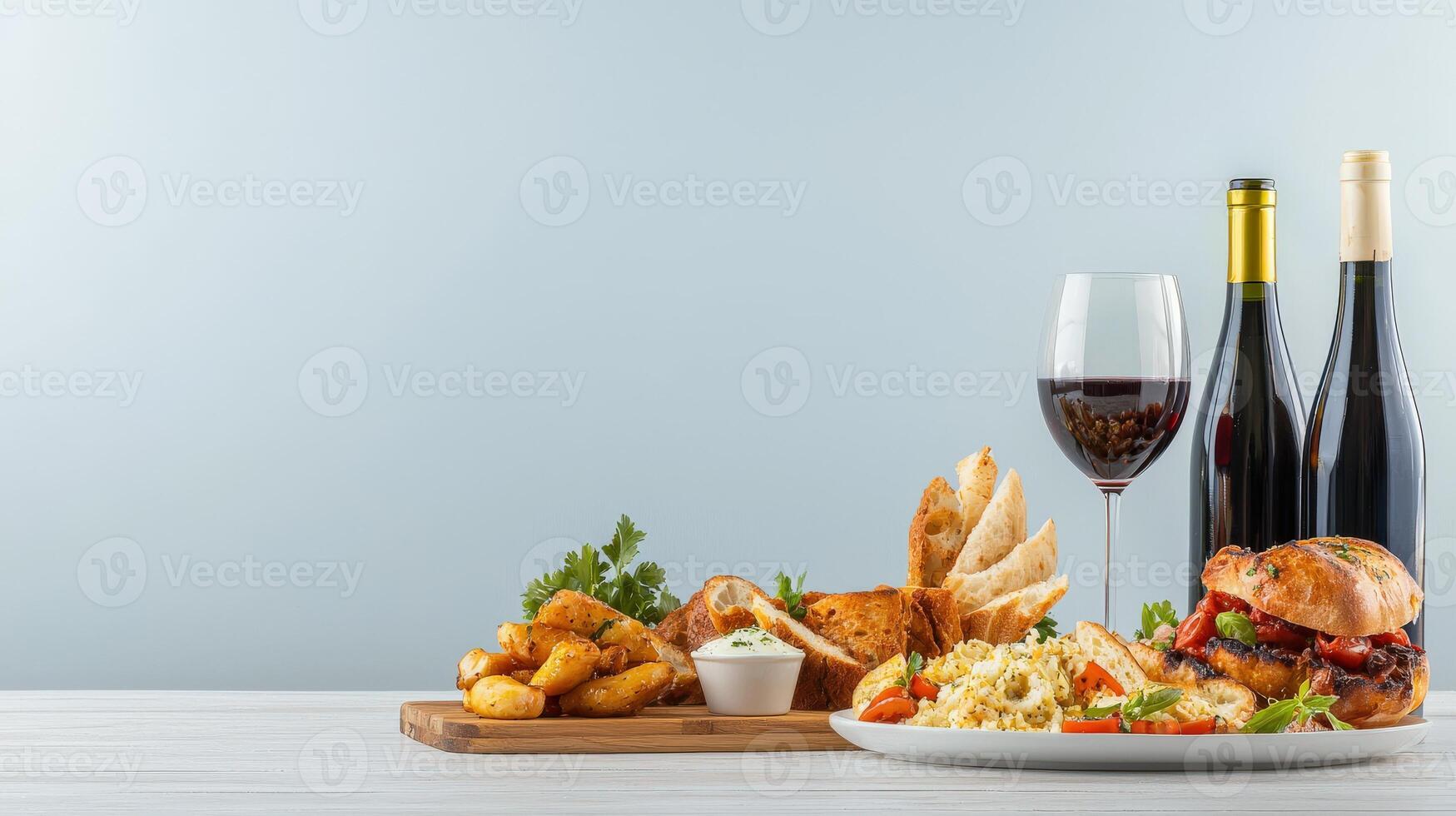 A table with food and wine on it photo