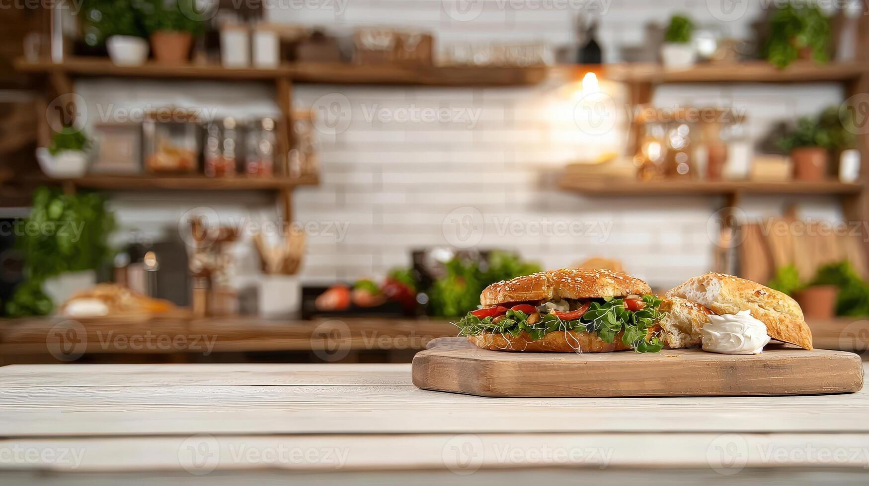 A sandwich and bread on a wooden cutting board photo