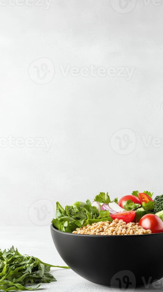 A bowl of vegetables and beans in a black bowl photo