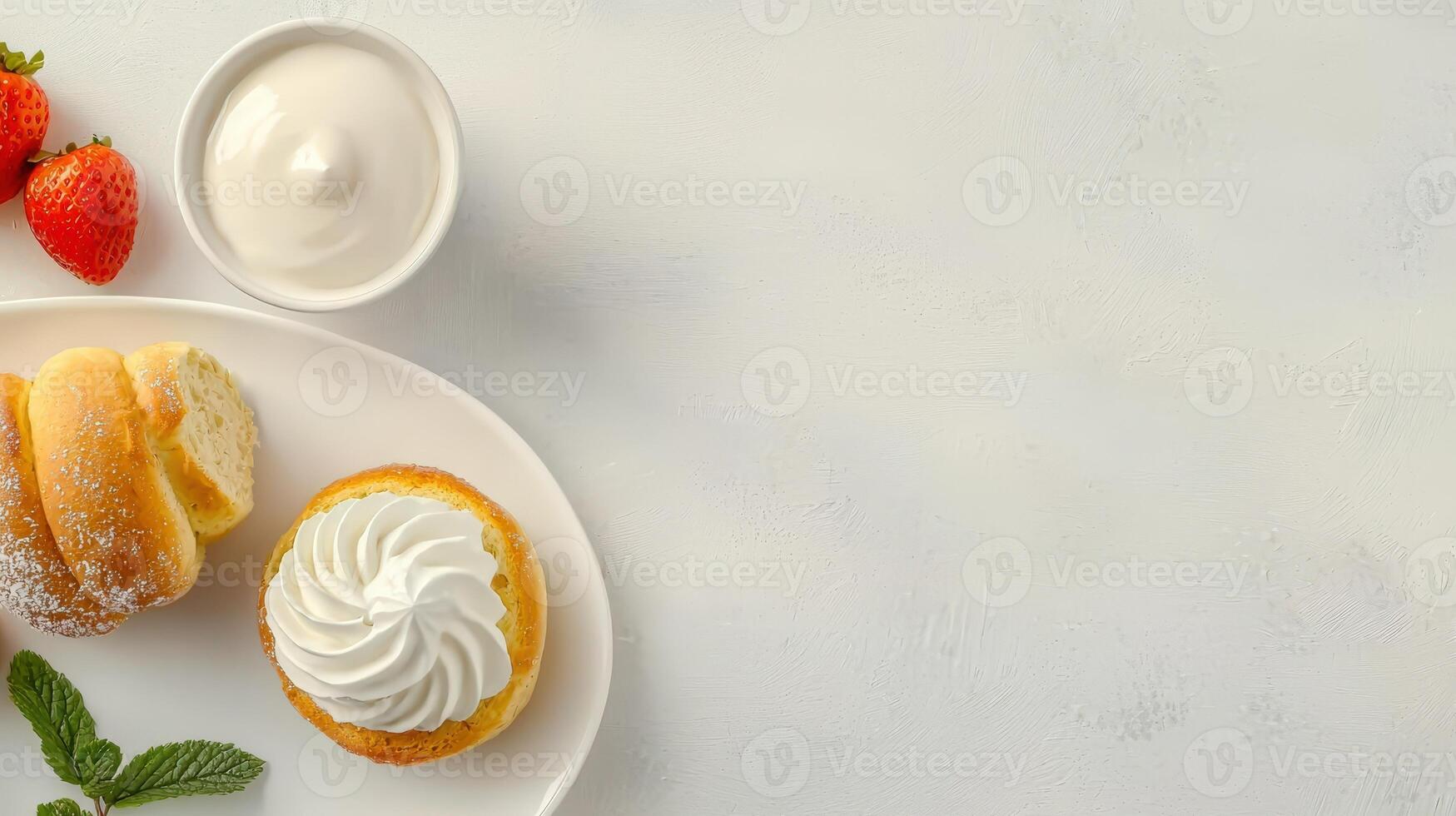 A plate with two donuts and a strawberry on it photo
