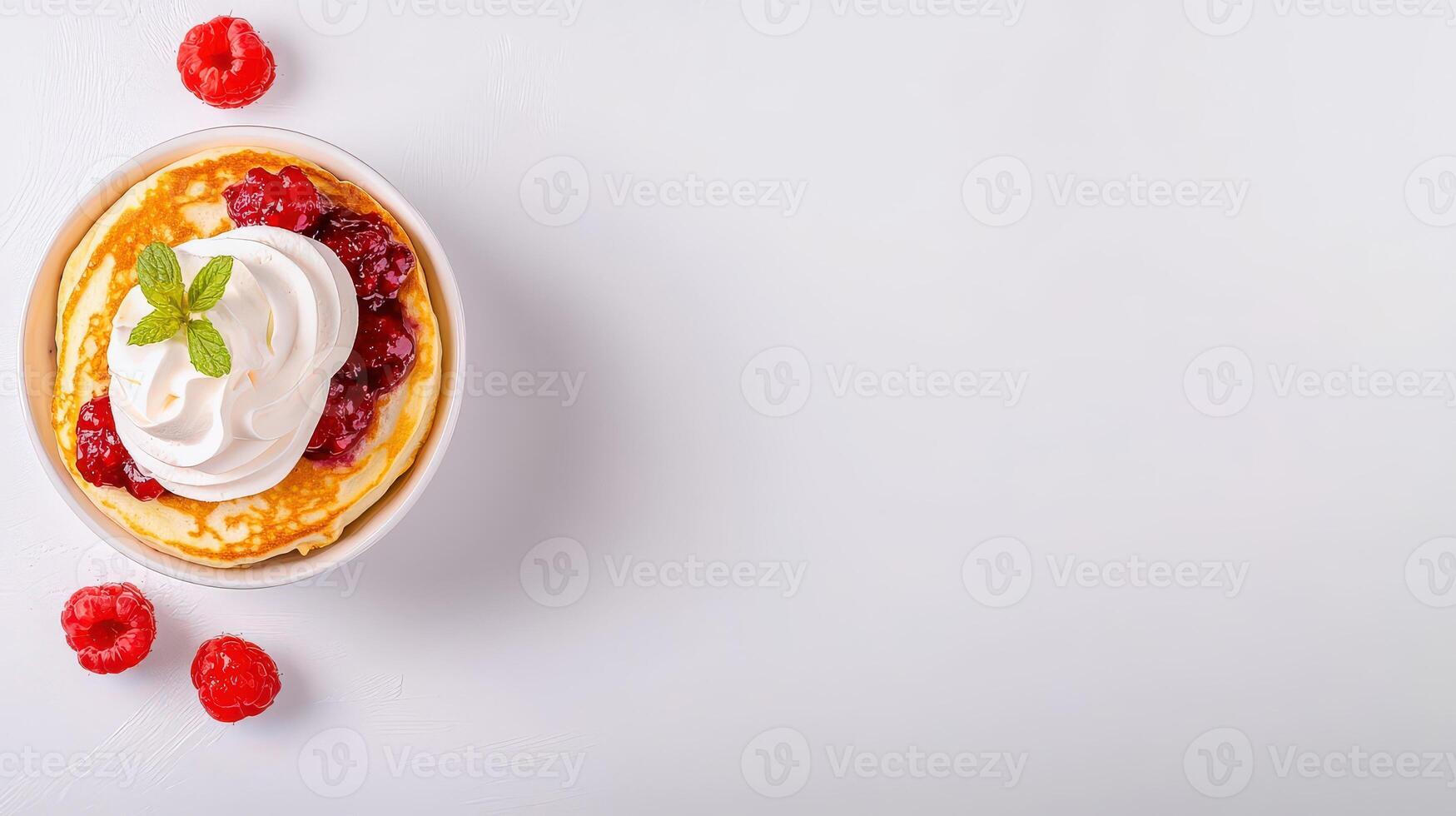Pancakes with whipped cream and cherries on a white background photo