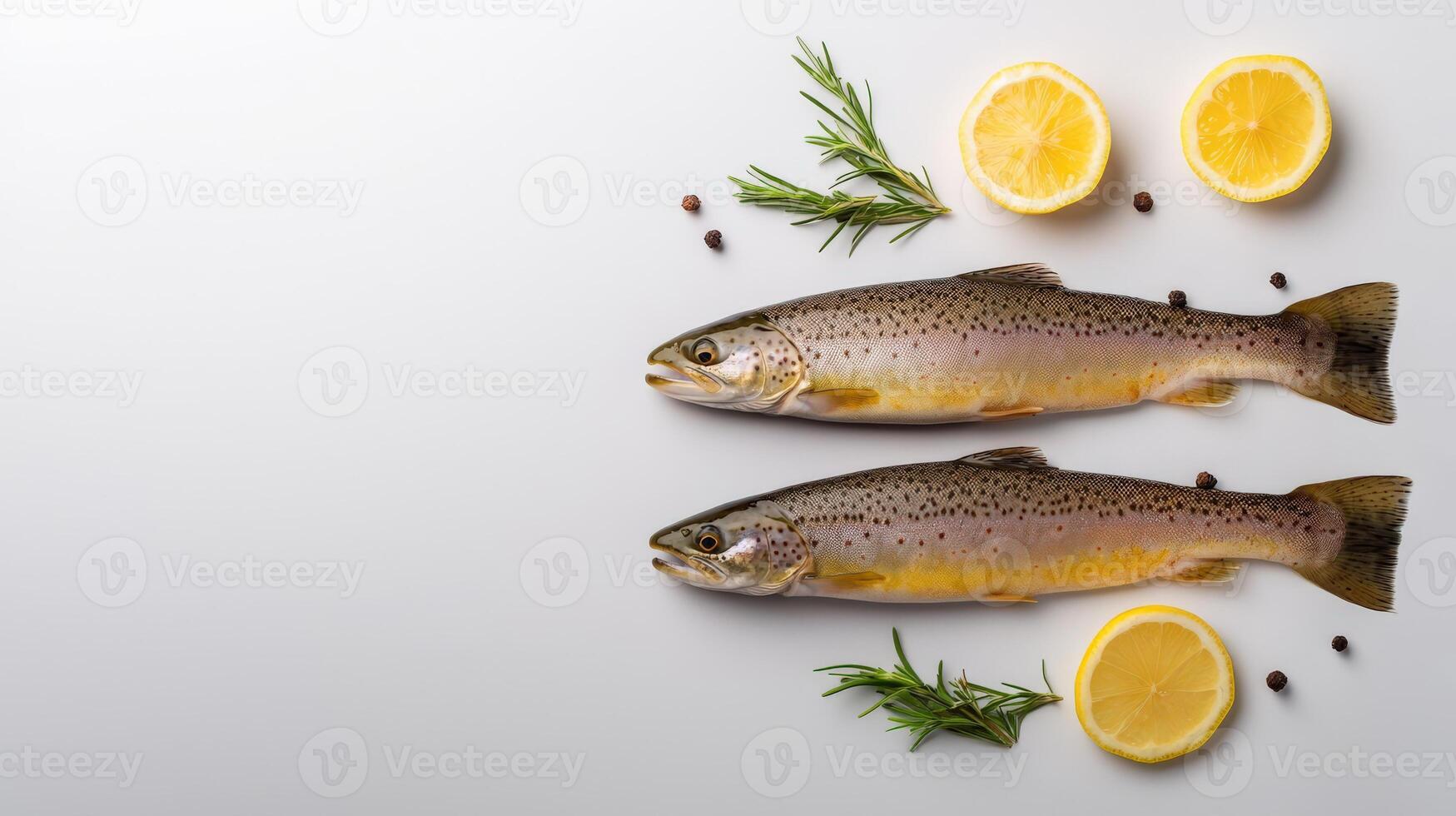 Two fresh trout fish on white background with lemon slices and rosemary photo