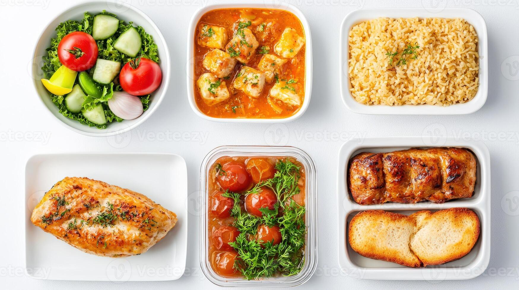 A variety of food in white dishes on a white background photo