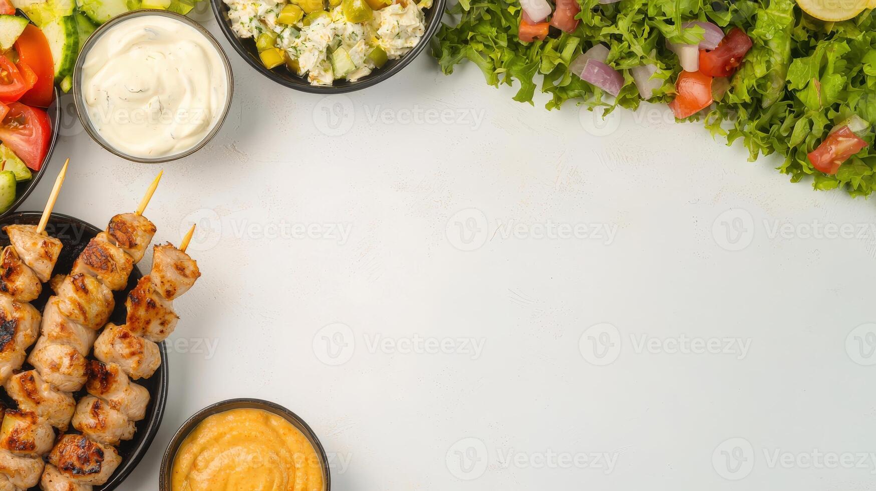 A variety of different foods are arranged on a white background photo