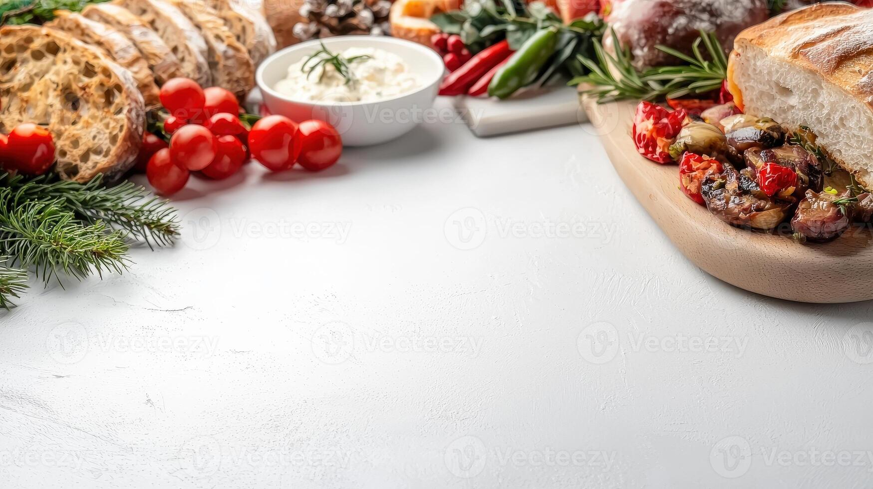 An assortment of food on a white table photo