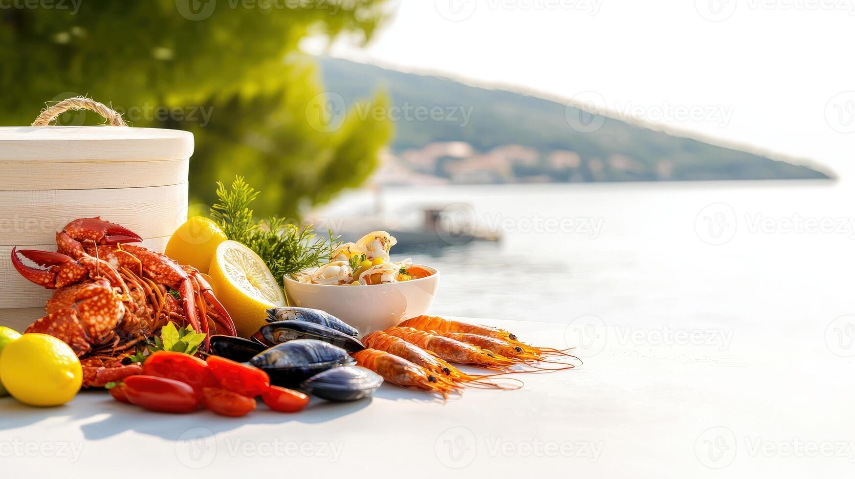 A table with seafood and vegetables on it photo