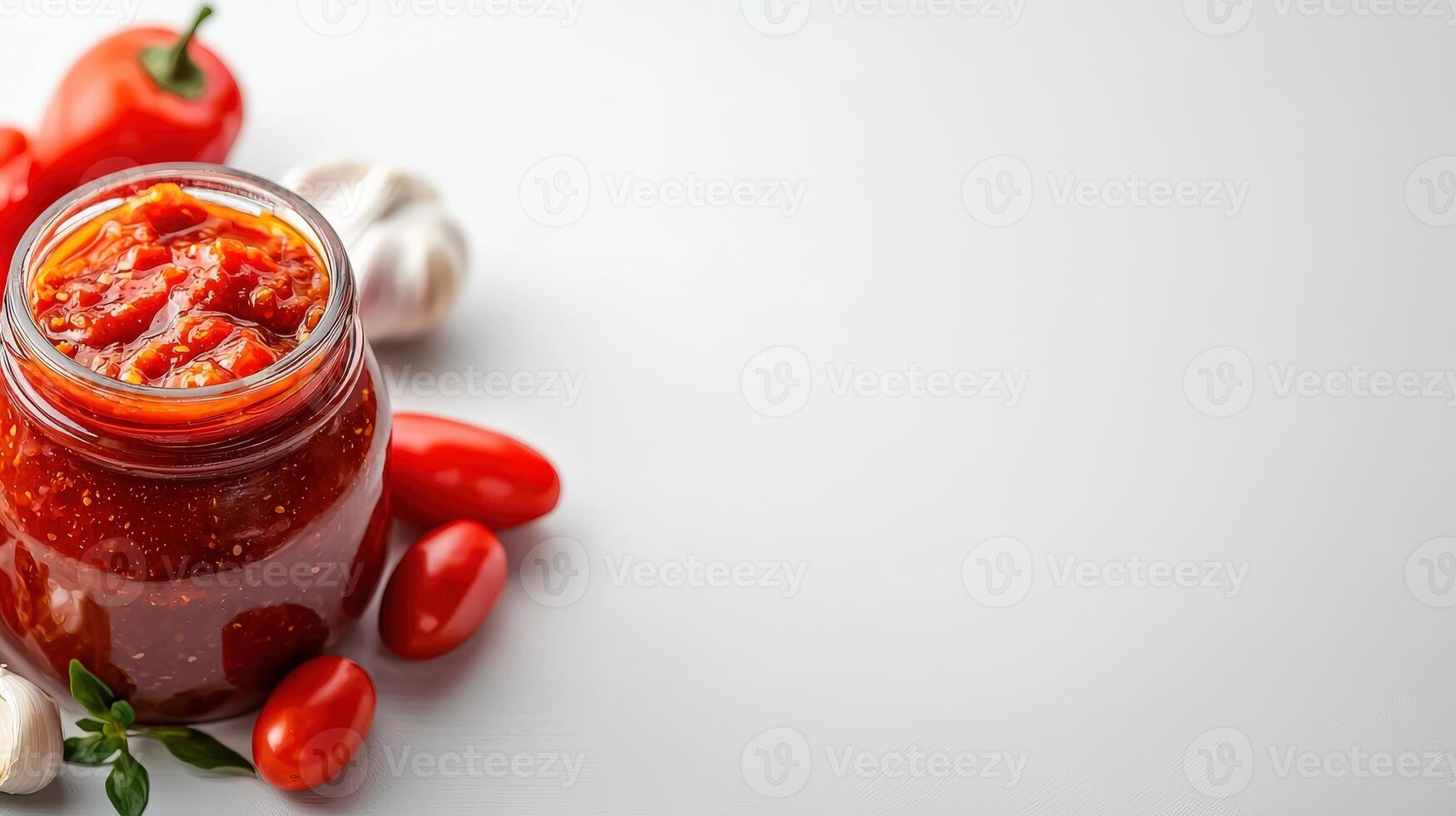 A jar of tomato sauce with garlic and tomatoes photo