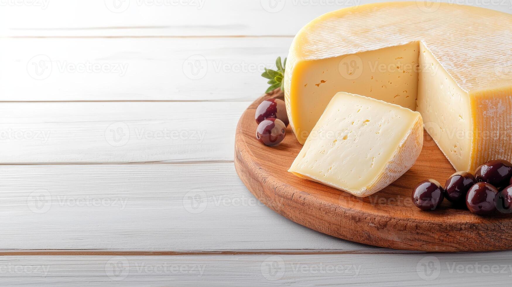 Cheese and grapes on a wooden board photo