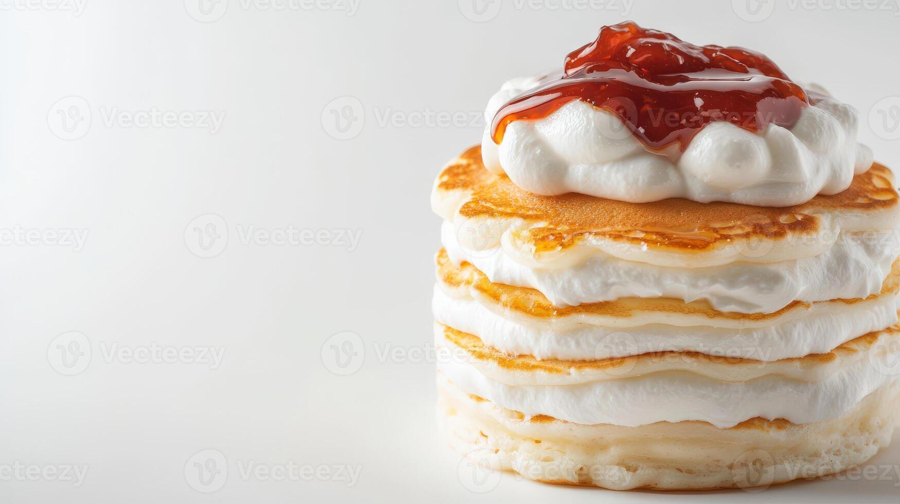 A stack of pancakes topped with whipped cream and jam photo