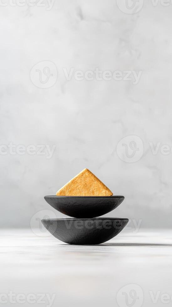 A stack of two black bowls on a white table photo