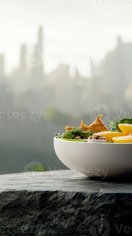 A bowl of food sitting on a table photo