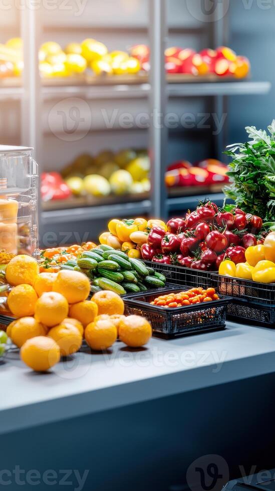 Fresh fruits and vegetables in a supermarket photo