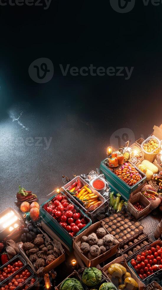 A street vendor selling fruits and vegetables at night photo
