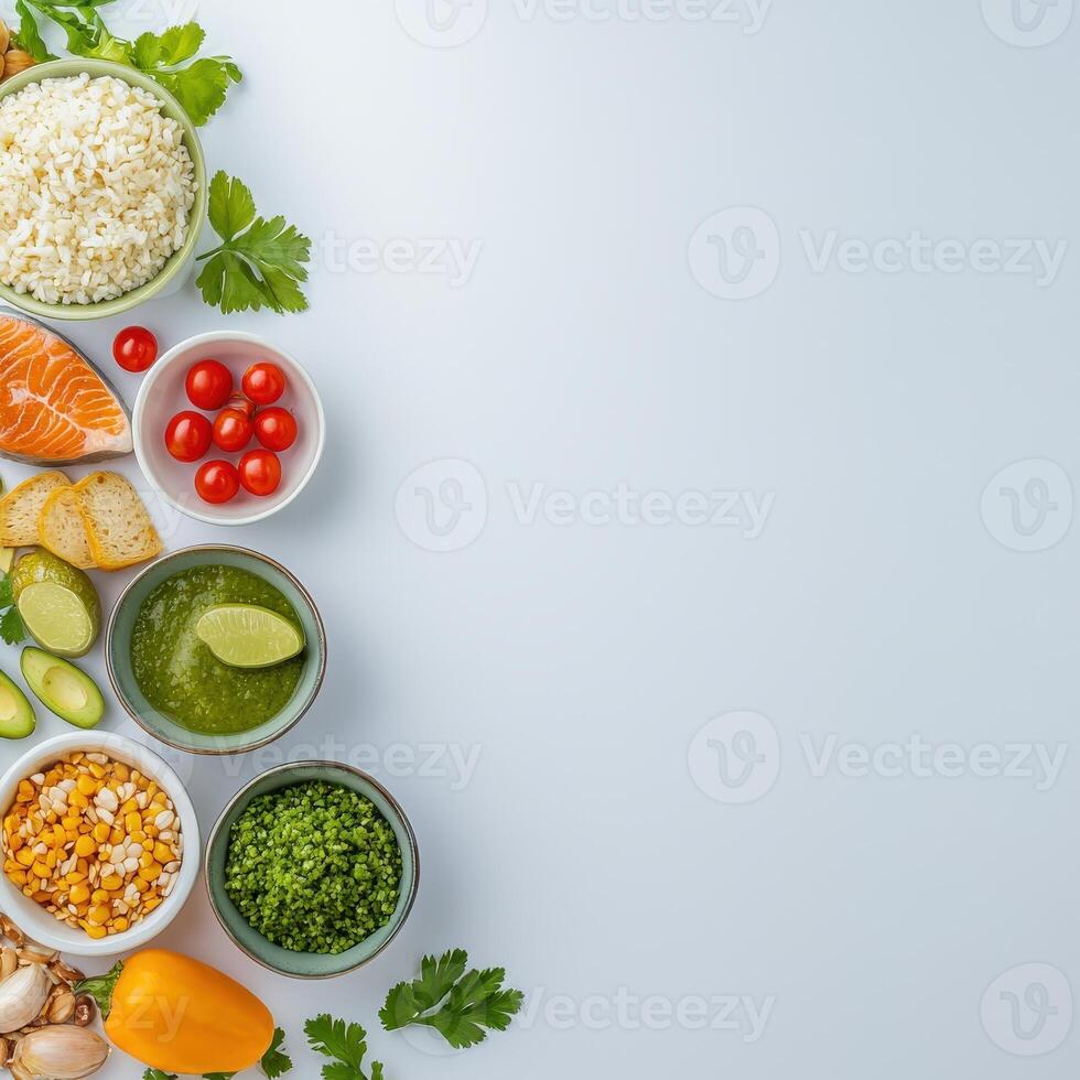 Healthy food ingredients, including vegetables, rice, fish, and other ingredients photo
