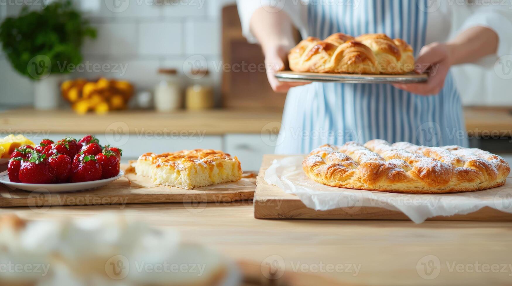 A person holding a tray of pastries on a wooden table photo