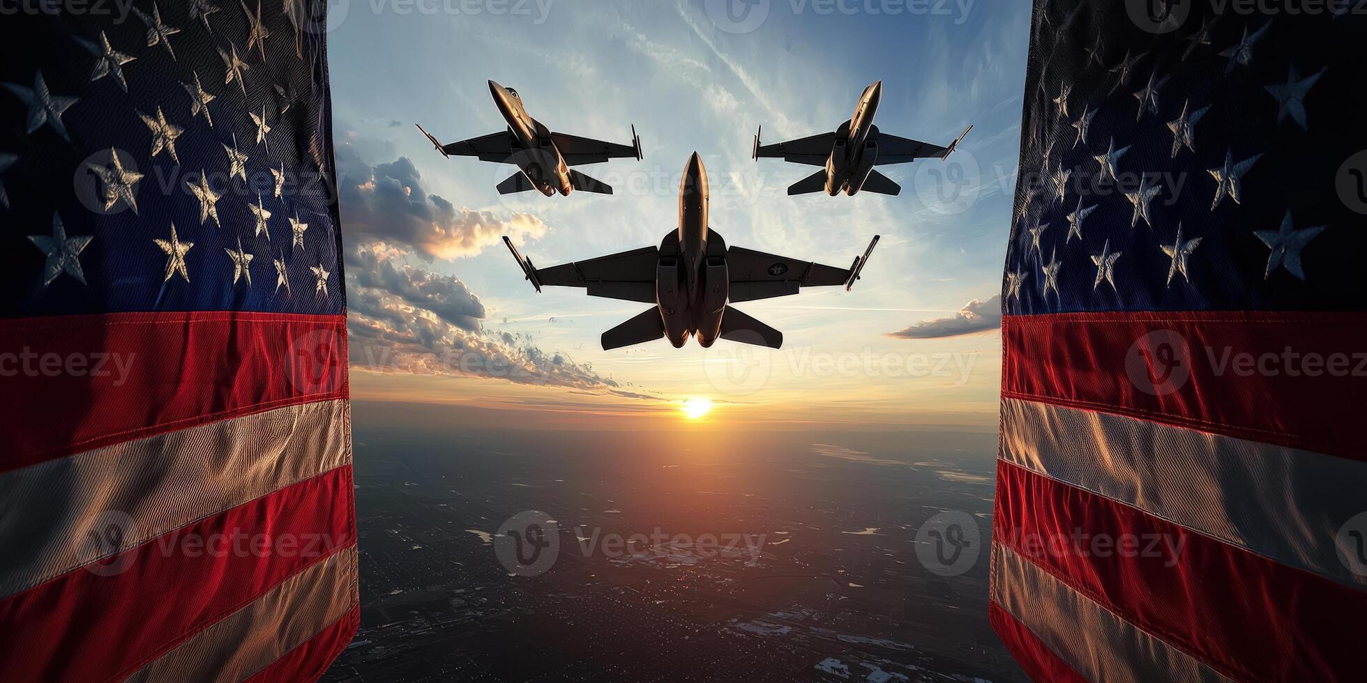 Three fighter jets fly over an american flag photo