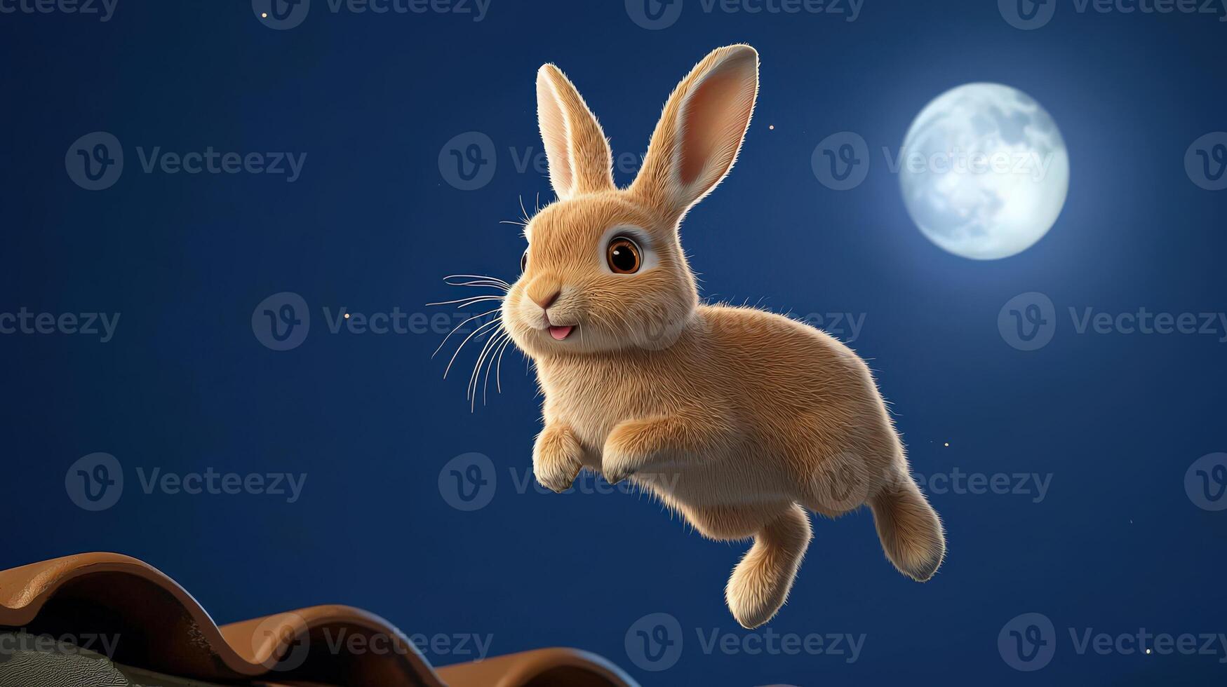 A cartoon rabbit flying over a roof at night photo
