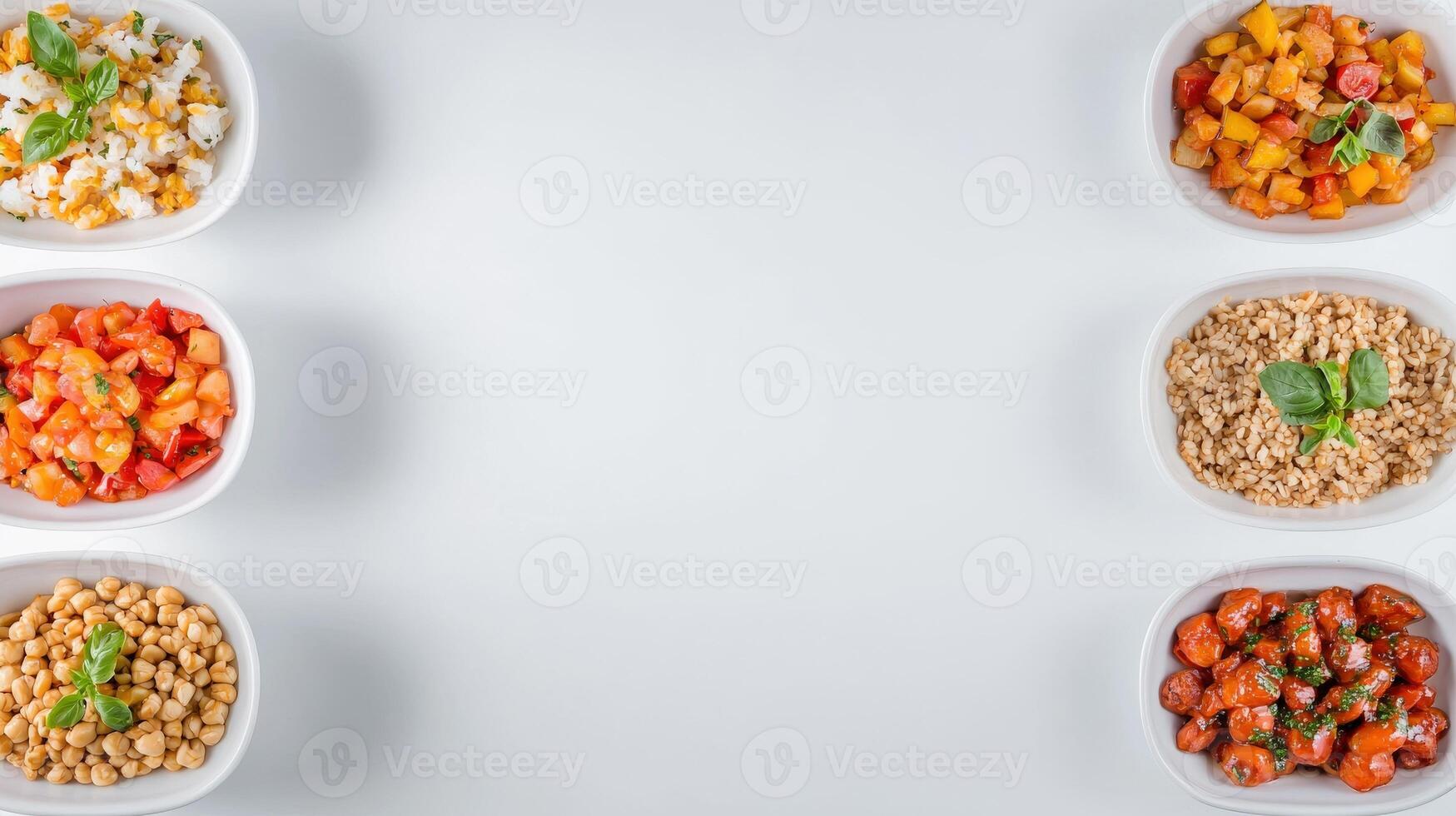 Six bowls of different foods on a white background photo
