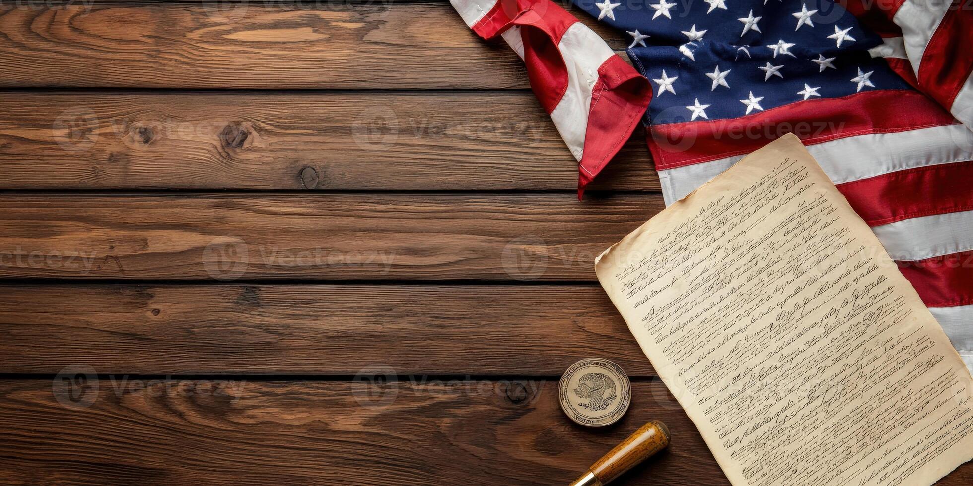 American flag and constitution on wooden table with copy space photo