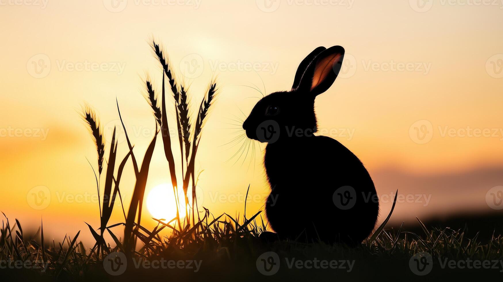 A rabbit is sitting in the grass at sunset photo