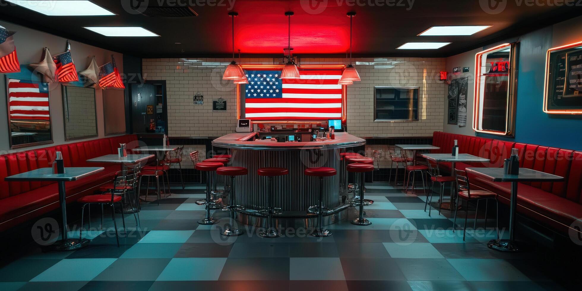 A bar with red booths and an american flag hanging on the wall photo