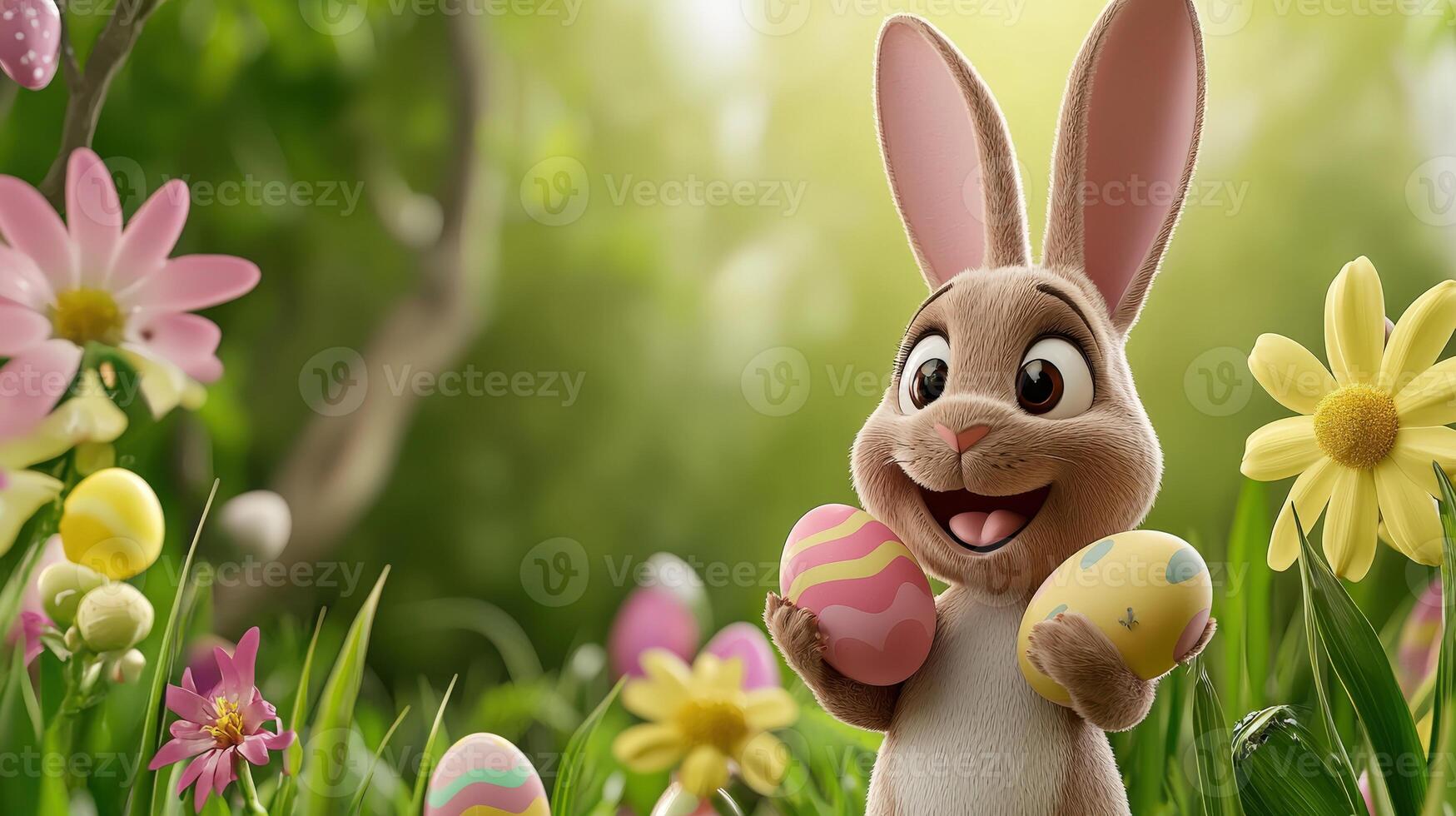 Easter bunny with eggs in the grass photo