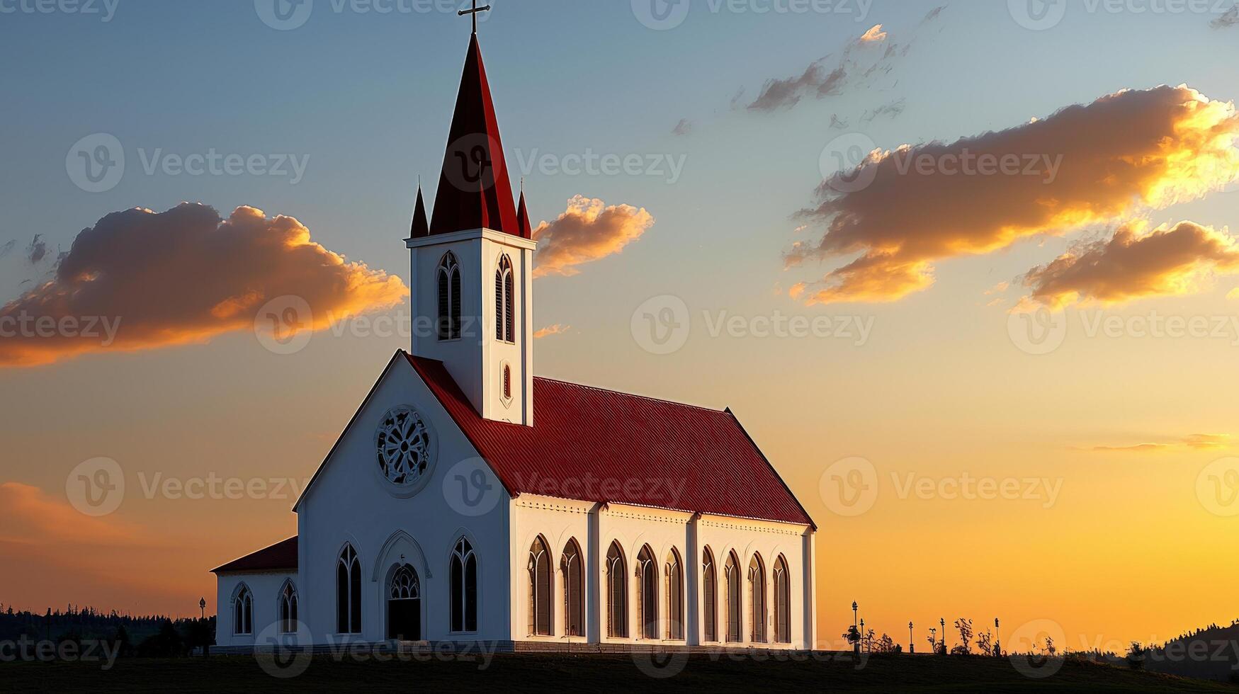 A church is shown in the sunset with clouds in the background photo