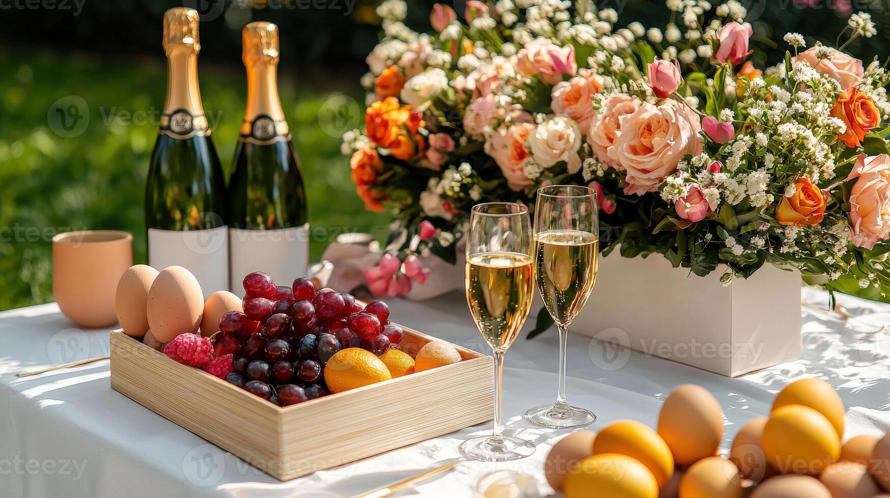 A table with two glasses of champagne and fruit photo