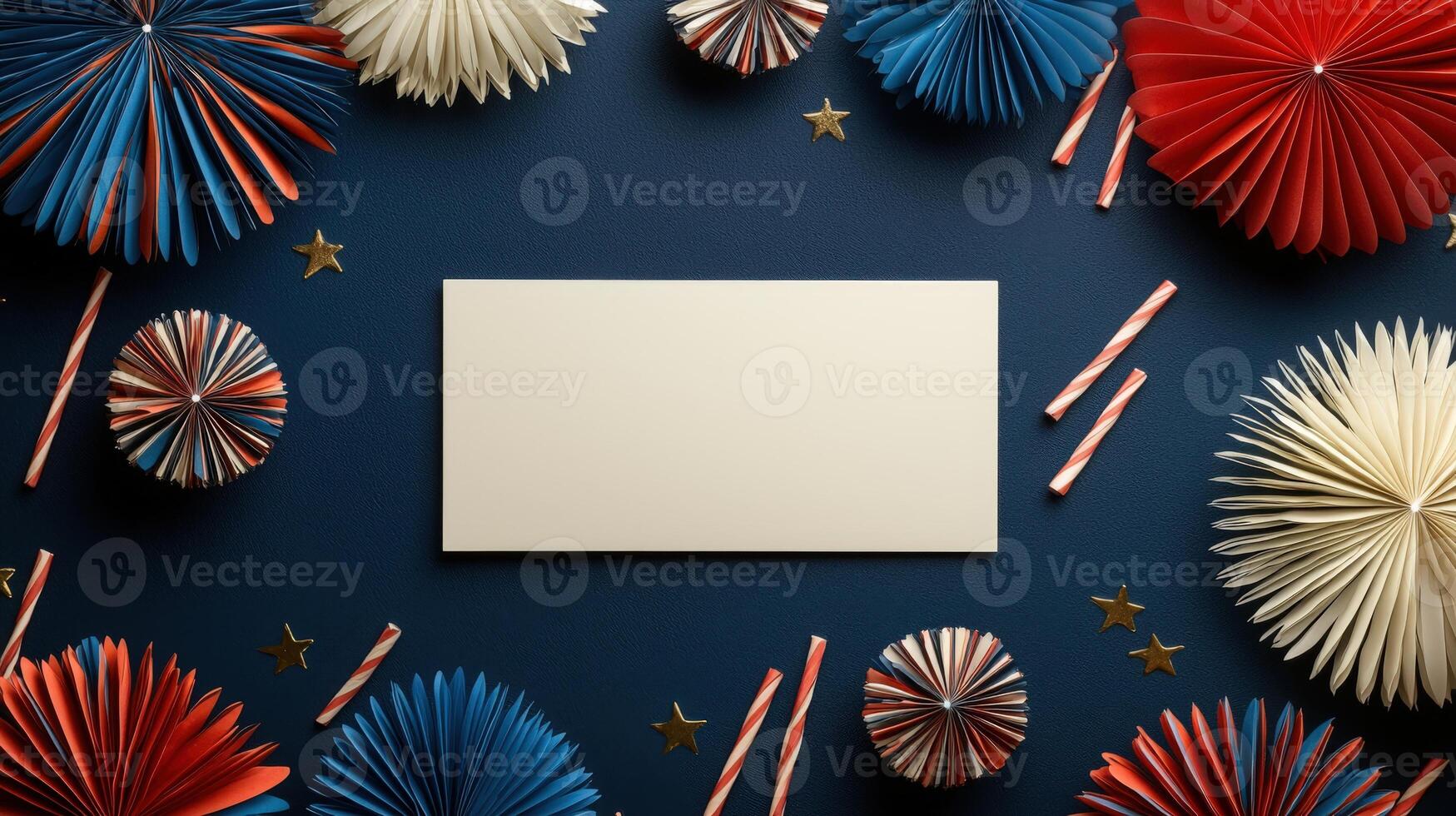 Red, white and blue patriotic decorations around a blank card photo
