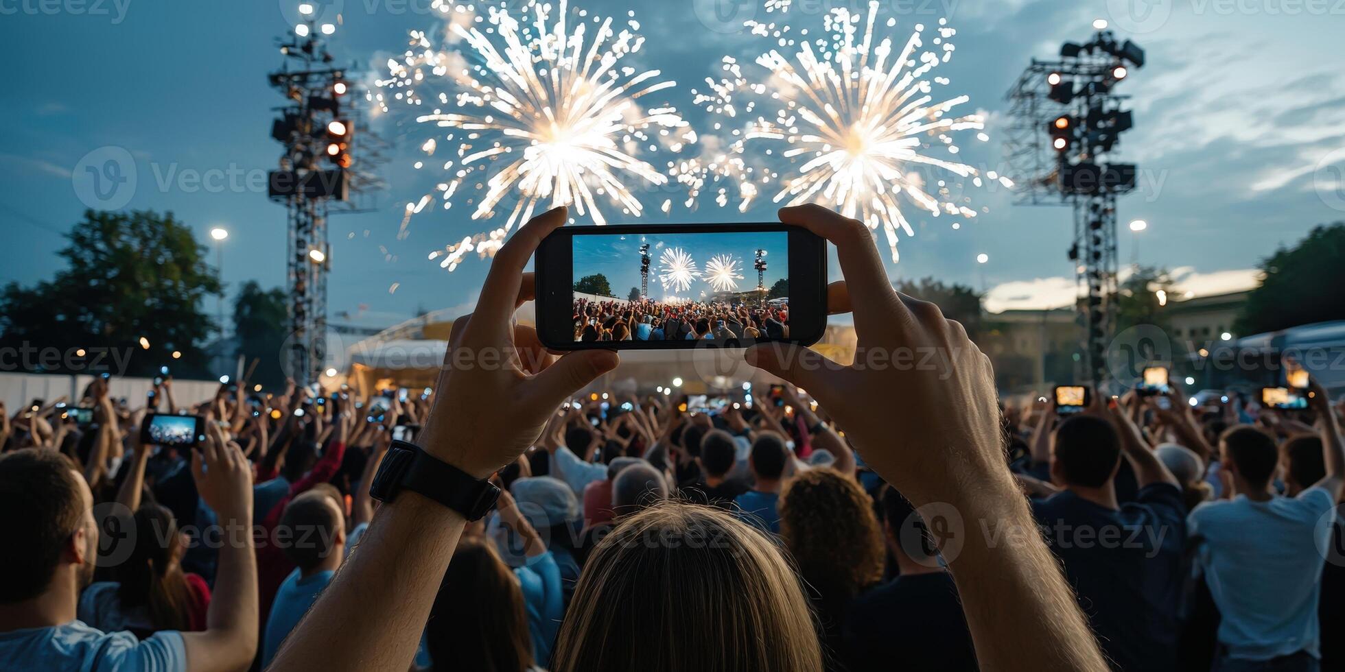 A person taking a photo of fireworks with a smartphone