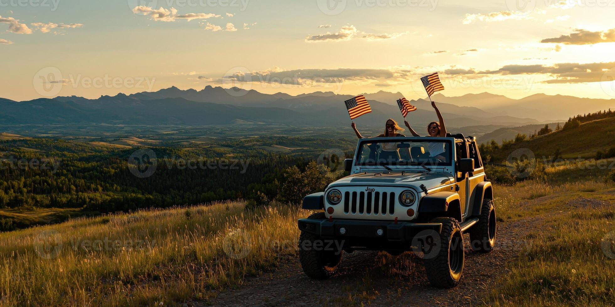 A jeep driving down a dirt road with two people on top photo