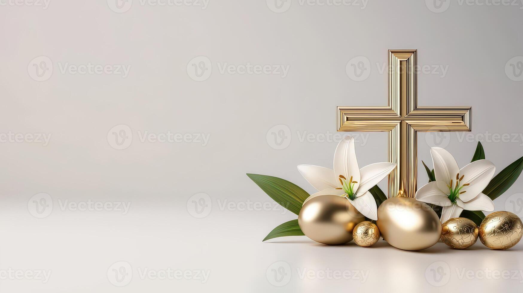 Golden cross and lily of the valley on white background 3d rendering photo