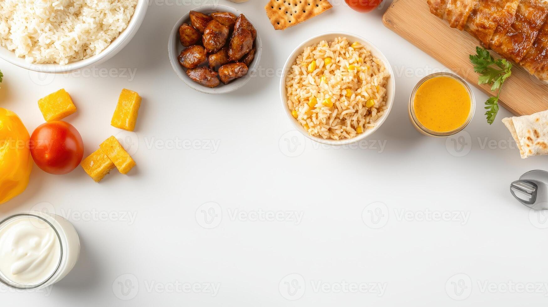 Various foods including rice, chicken, vegetables and cheese photo