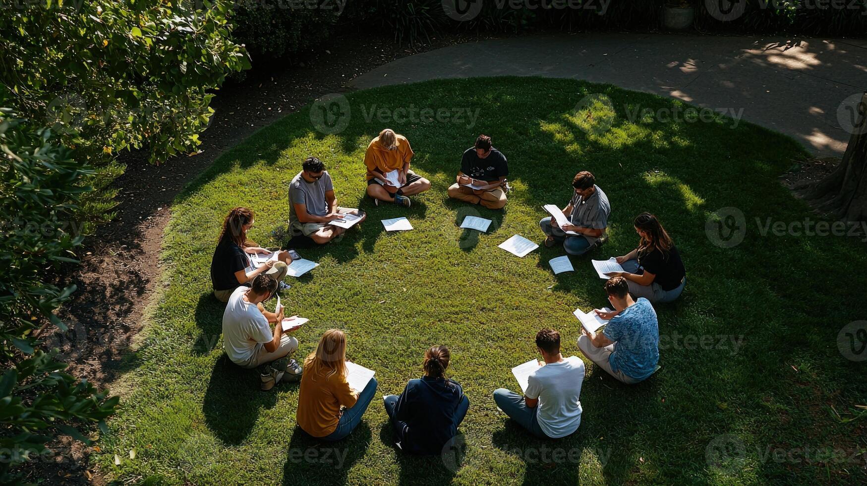 A group of people sitting in a circle on grass photo