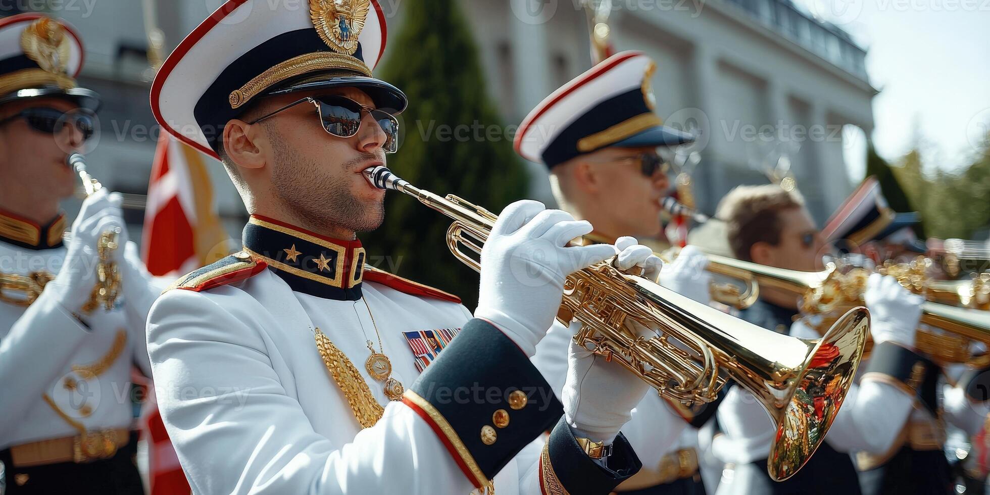 A man in uniform playing a trumpet in front of a group of people photo