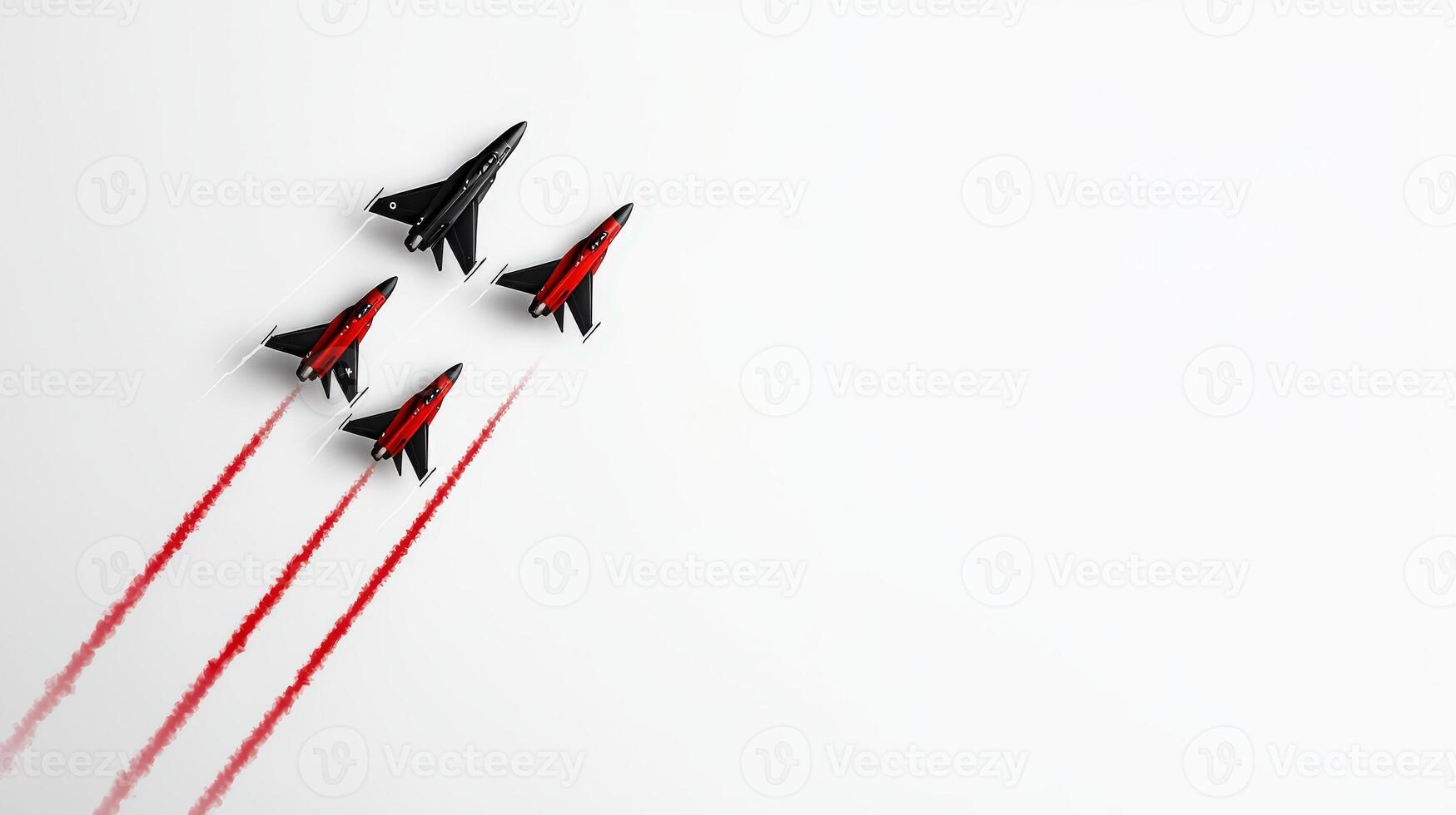 Four fighter jets flying in formation with red smoke trails photo