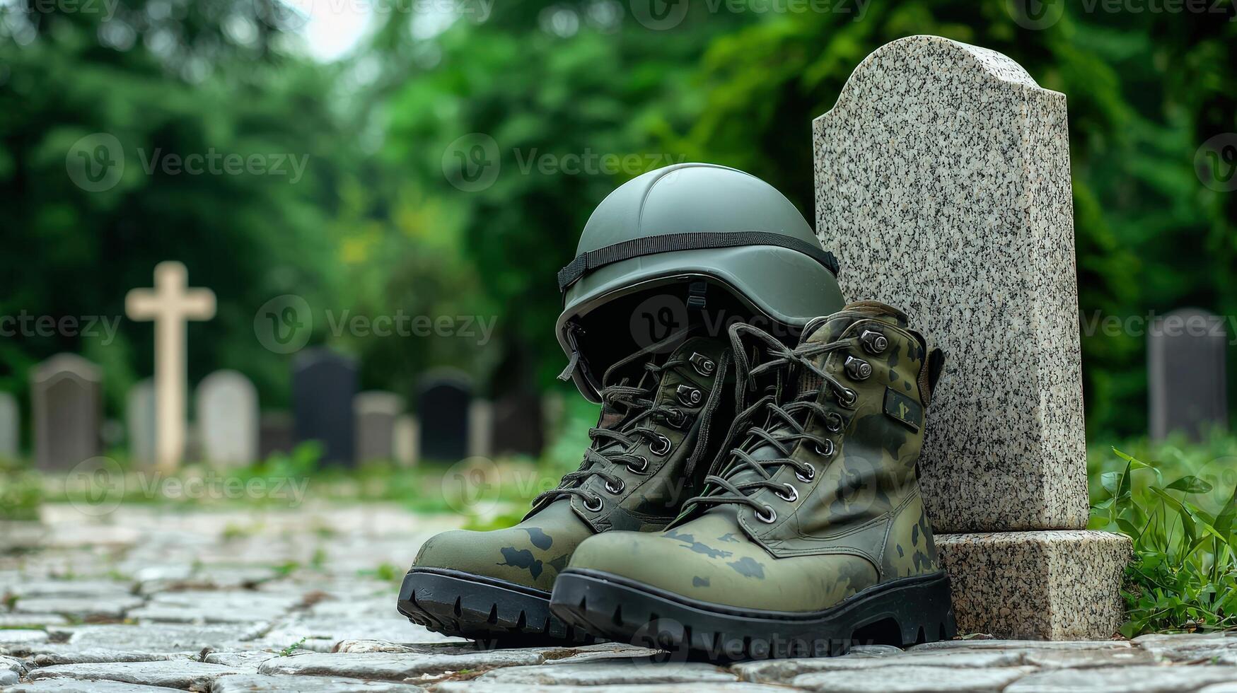 A pair of military boots and a helmet are sitting on a grave photo
